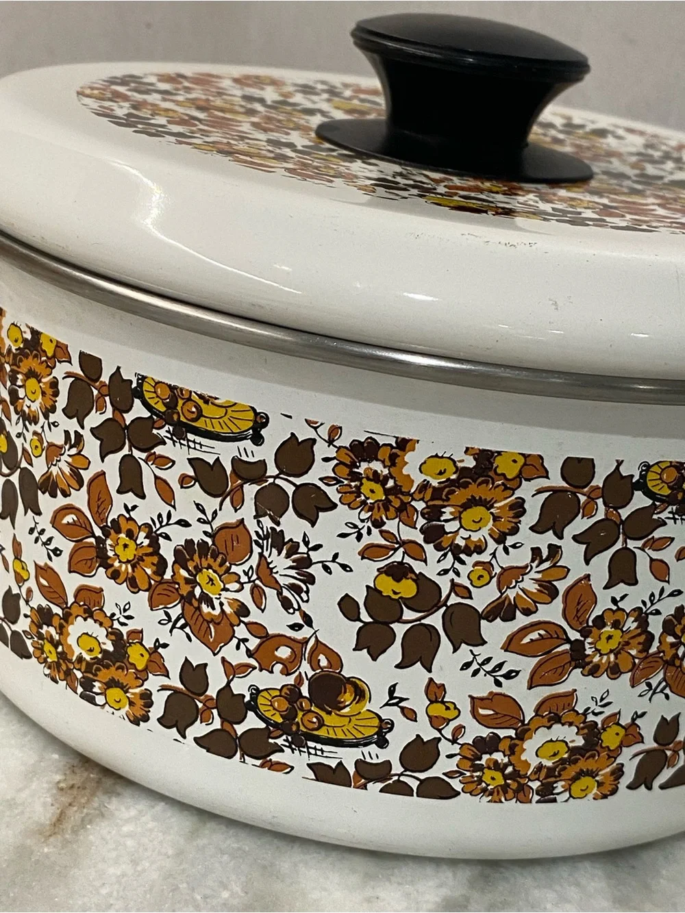 Vintage Fancipans Enamelware 1.5Qt Lidded Casserole Pot 1970s Butterfly MCM